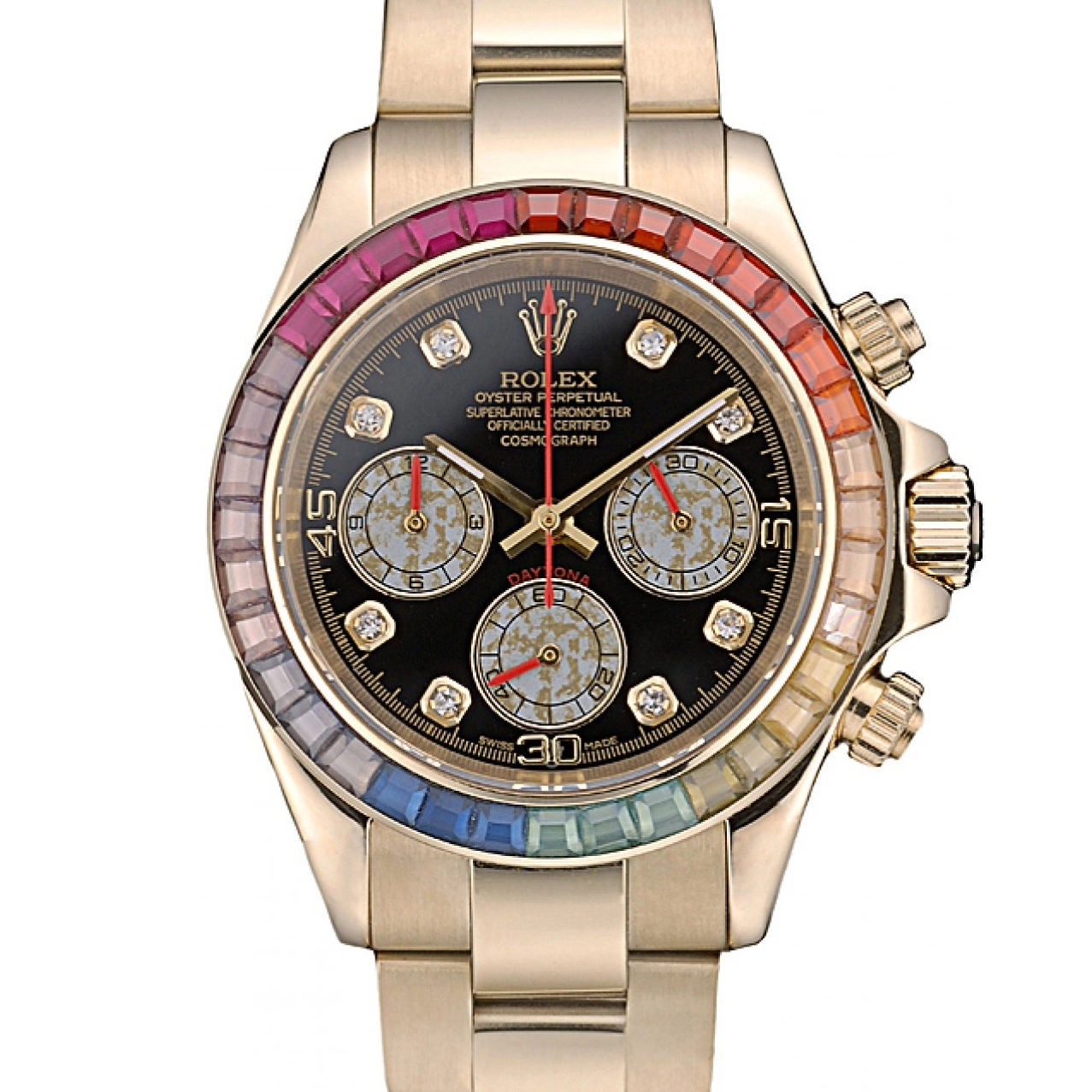 MiroTime 0816 Rolex Daytona Cosmograph Rainbow Crystals Bezel Rose Gold Strap Black Dial 80251